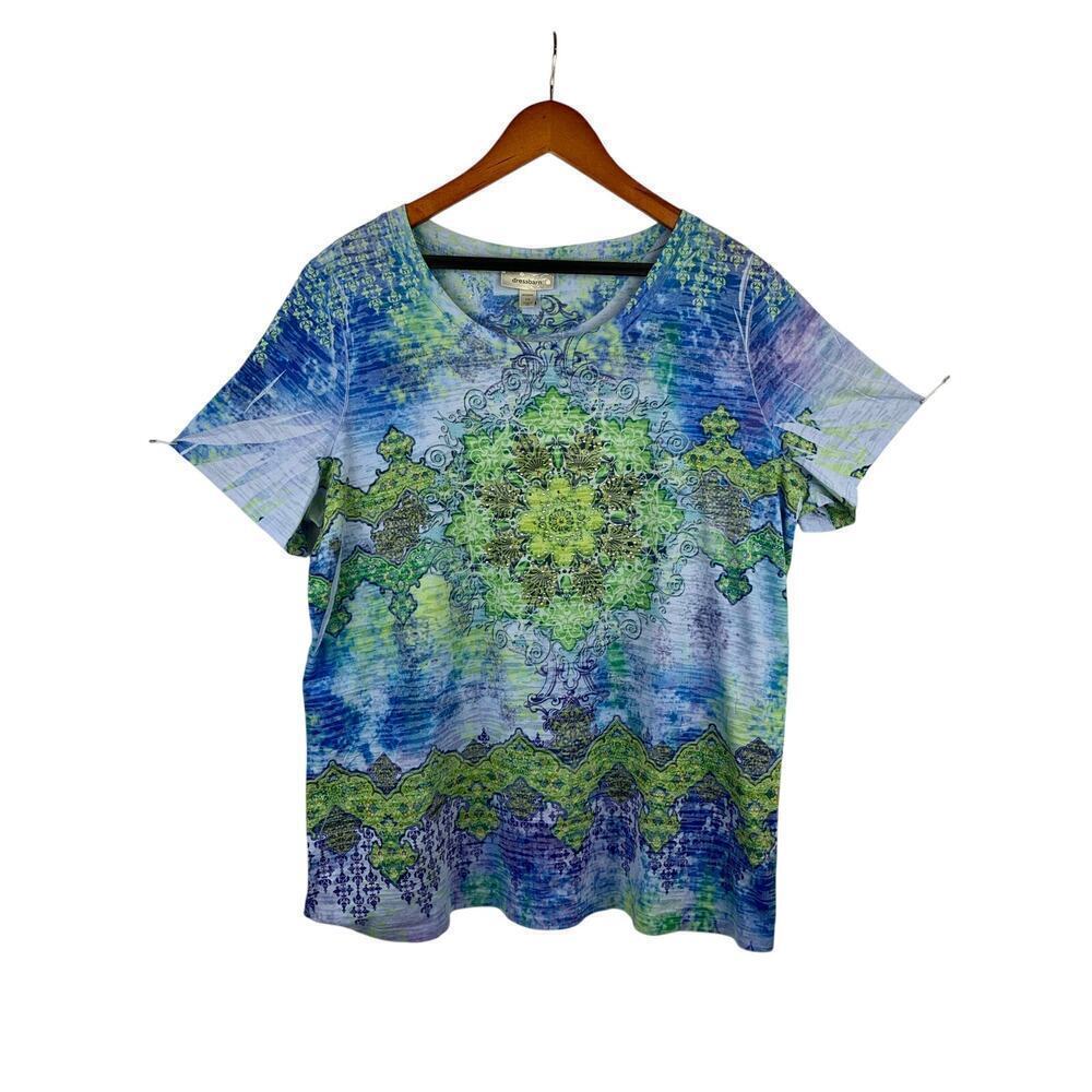 DressBarn Women’s Blue & Green Patterned T-Shirt Sz 1X – Casual Plus Sz Tee Top